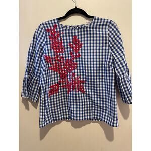 August Silk blue and white checkered 3/4 bell sleeve embroidered top NWT small